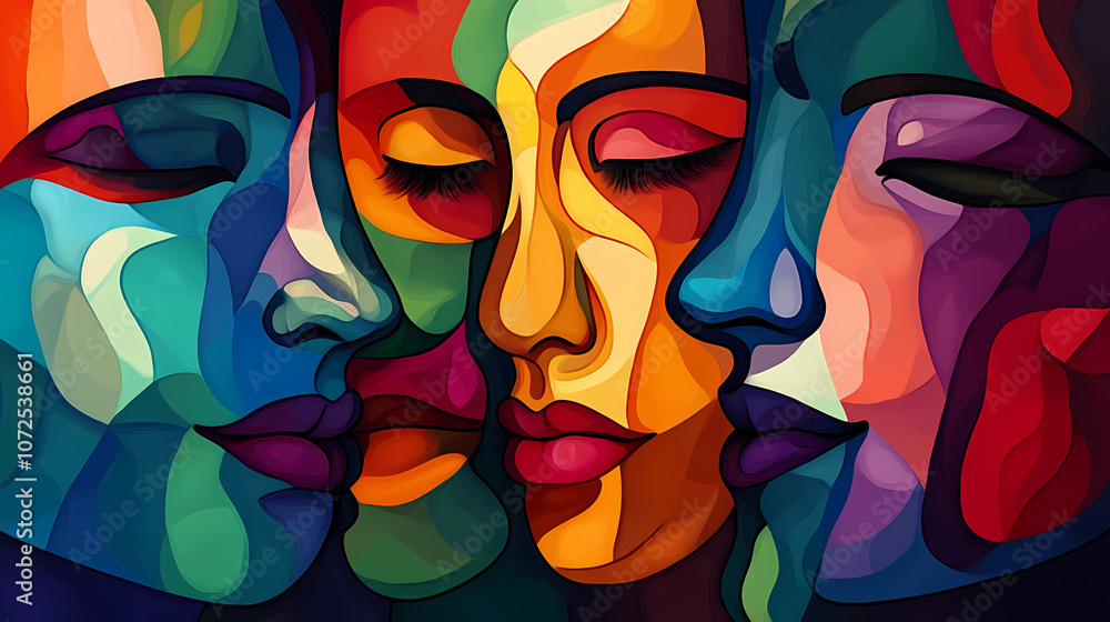 Obraz premium Abstract faces illustration in vibrant colors, cubism style collage for wallpaper, background design, art print. generative ai. abstract cubism. illustration. Vibrant. Illustration