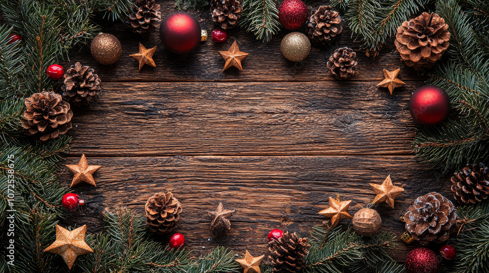 Christmas decoration with fir tree branch and toys and cones on empty wooden background. AI generative Christmas decoration with fir tree branch and toys and cones on empty wooden background. AI generative