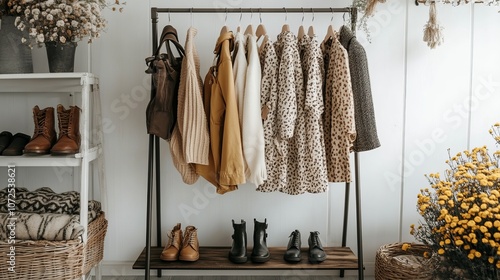 Rack featuring various stylish womens clothes and shoes near a white indoor wall
