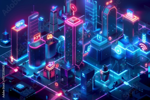 Neon buildings, futuristic 3d architecture, future cyberpunk landscape, neon city