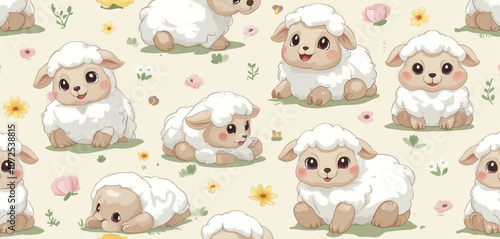  Seamless pattern of baby lambs with flowers on a cream background
