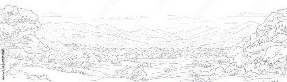 Fototapeta premium Tranquil Landscape Outline Featuring Rolling Hills, Expansive Sky, Majestic Mountains, and Lush Foliage in a Serene Nature Setting for Artistic Representation and Illustration