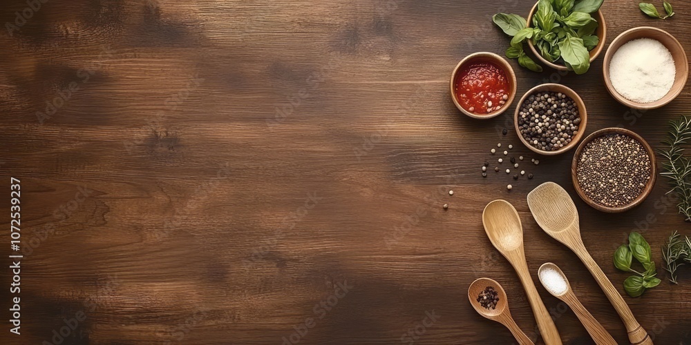 Wooden Spoons and Bowls with Various Spices and Herbs on a Wooden Background Wooden Spoons and Bowls with Various Spices and Herbs on a Wooden Background