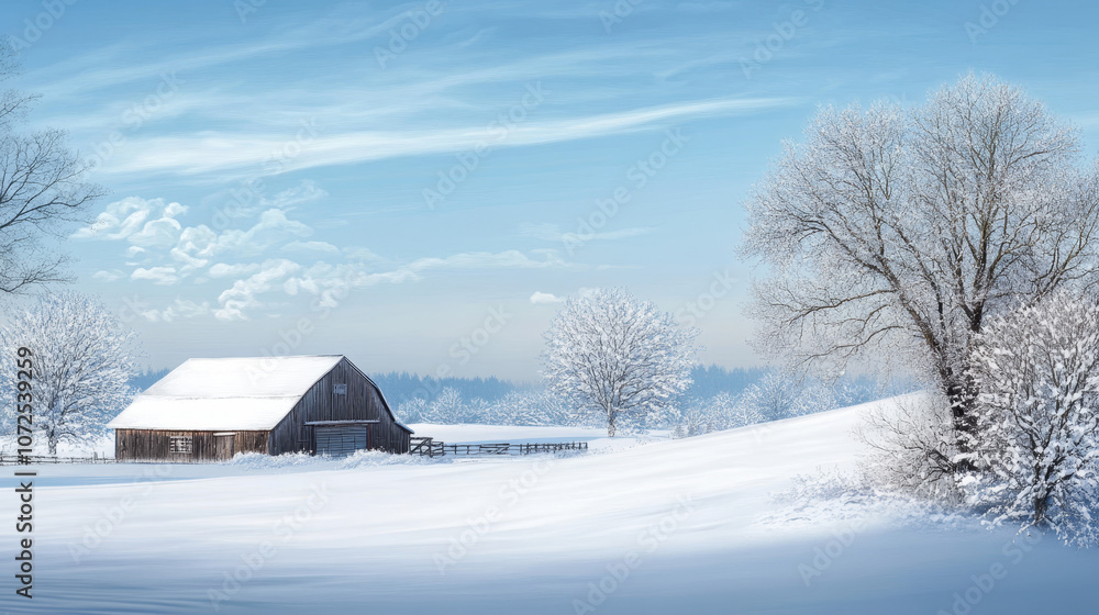 Imagine a peaceful winter landscape featuring a rustic barn nestled amidst a snowy expanse. Imagine a peaceful winter landscape featuring a rustic barn nestled amidst a snowy expanse.