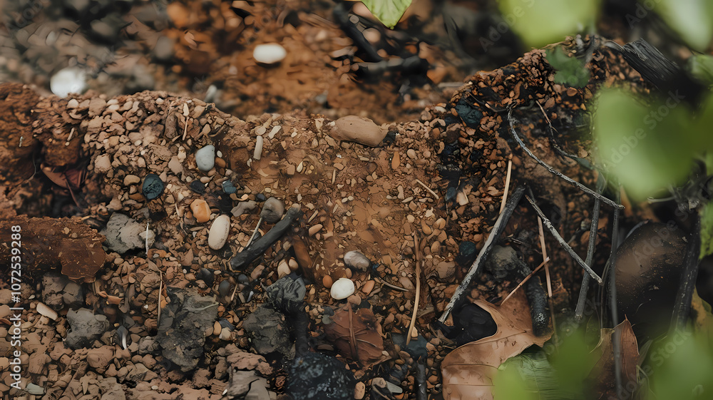 Close-up of rich, textured soil featuring various pebbles, small stones, and organic debris, highlighting the natural environment and earth's ecosystem. Perfect for gardening and nature themes. Close-up of rich, textured soil featuring various pebbles, small stones, and organic debris, highlighting the natural environment and earth's ecosystem. Perfect for gardening and nature themes.