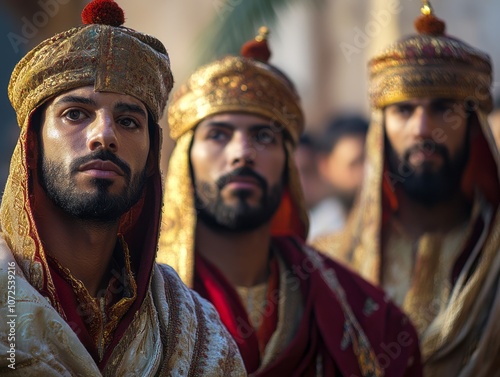 Three Wise Men in ornate robes and crowns presenting gifts of gold, frankincense, and myrrh, symbolizing the Epiphany. photo