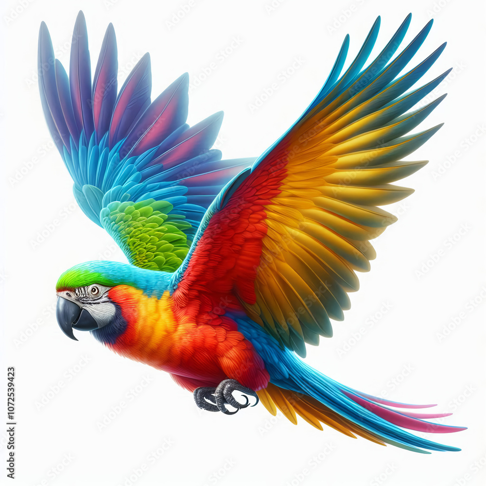 Fototapeta premium Loro de colores vivos volando en libertad, con fondo blanco
