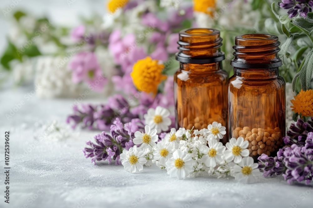 Aromatic essential oils in amber bottles surrounded by fresh herbs and flowers on a light background Aromatic essential oils in amber bottles surrounded by fresh herbs and flowers on a light background
