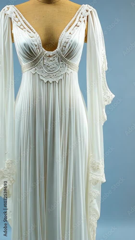 A white, long-sleeved gown with intricate lace details is displayed on a mannequin A white, long-sleeved gown with intricate lace details is displayed on a mannequin