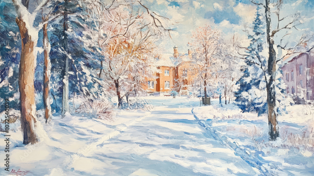 Naklejka premium Picture a winter park blanketed in snow, where a serene stillness envelops the scene