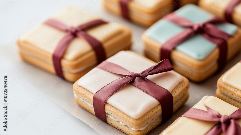 Gift box cookies with burgundy ribbon in pastel tones Gift box cookies with burgundy ribbon in pastel tones