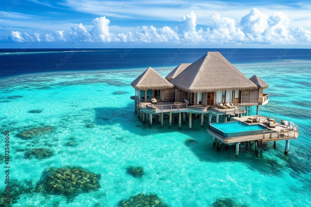 Luxurious overwater bungalow with infinity pool in turquoise tropical ocean Luxurious overwater bungalow with infinity pool in turquoise tropical ocean