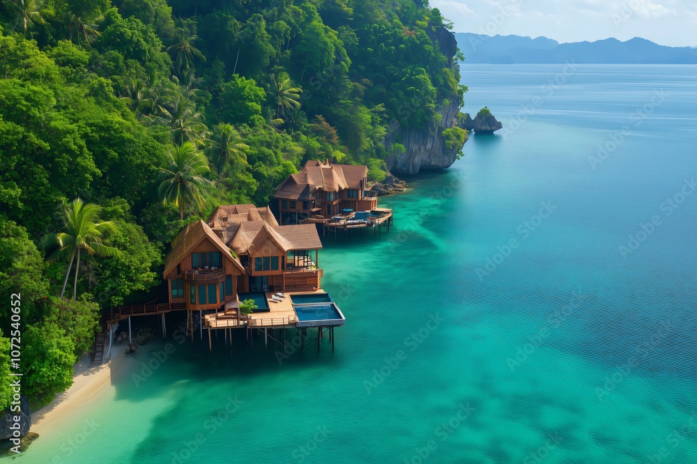 Luxurious overwater bungalows nestled in tropical paradise of el nido, palawan, philippines Luxurious overwater bungalows nestled in tropical paradise of el nido, palawan, philippines