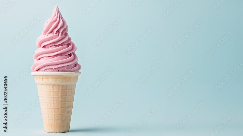 Soft Pink Ice Cream Cone on Light Blue Background