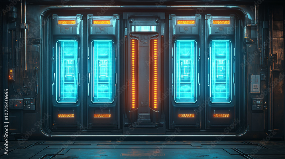 Futuristic sci-fi industrial door with blue and orange glowing panels, high-tech facility entrance, cyberpunk atmosphere Futuristic sci-fi industrial door with blue and orange glowing panels, high-tech facility entrance, cyberpunk atmosphere