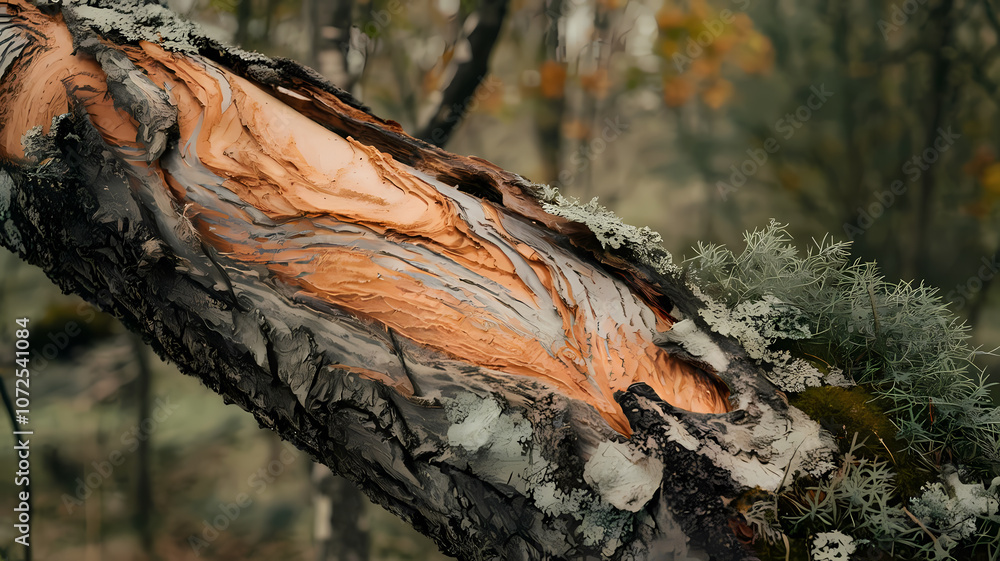Close-up of a beautifully textured tree trunk showcasing vibrant orange bark patterns, surrounded by green moss and blurred forest background, highlighting nature's intricate details. Close-up of a beautifully textured tree trunk showcasing vibrant orange bark patterns, surrounded by green moss and blurred forest background, highlighting nature's intricate details.