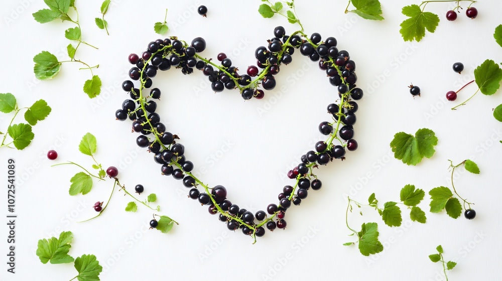 Blackcurrants forming a heart shape on a white background, scattered leaves around for decoration Blackcurrants forming a heart shape on a white background, scattered leaves around for decoration