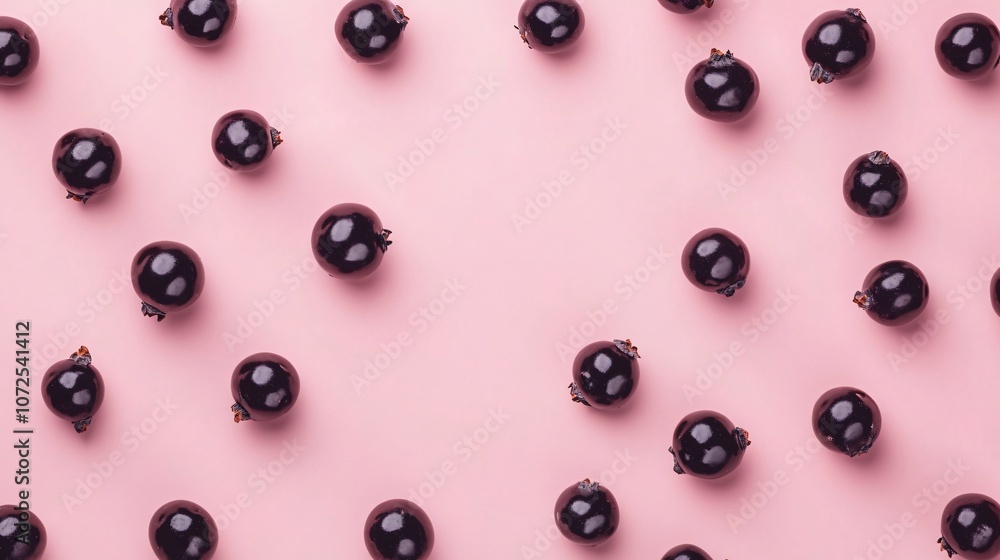 Blackcurrants scattered loosely on a soft pink background, open space in the center for text Blackcurrants scattered loosely on a soft pink background, open space in the center for text