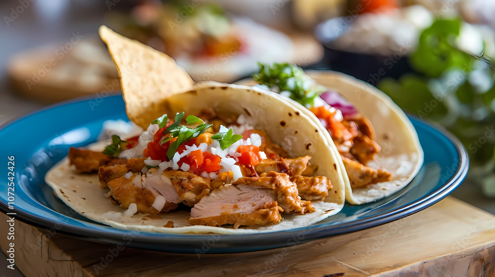 Delicious chicken tacos served on a blue plate, garnished with fresh toppings like cilantro, diced tomatoes, and red onions, perfect for a flavorful meal or snack. Delicious chicken tacos served on a blue plate, garnished with fresh toppings like cilantro, diced tomatoes, and red onions, perfect for a flavorful meal or snack.