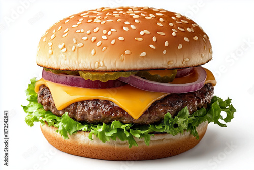 Hamburger with salad and white background
