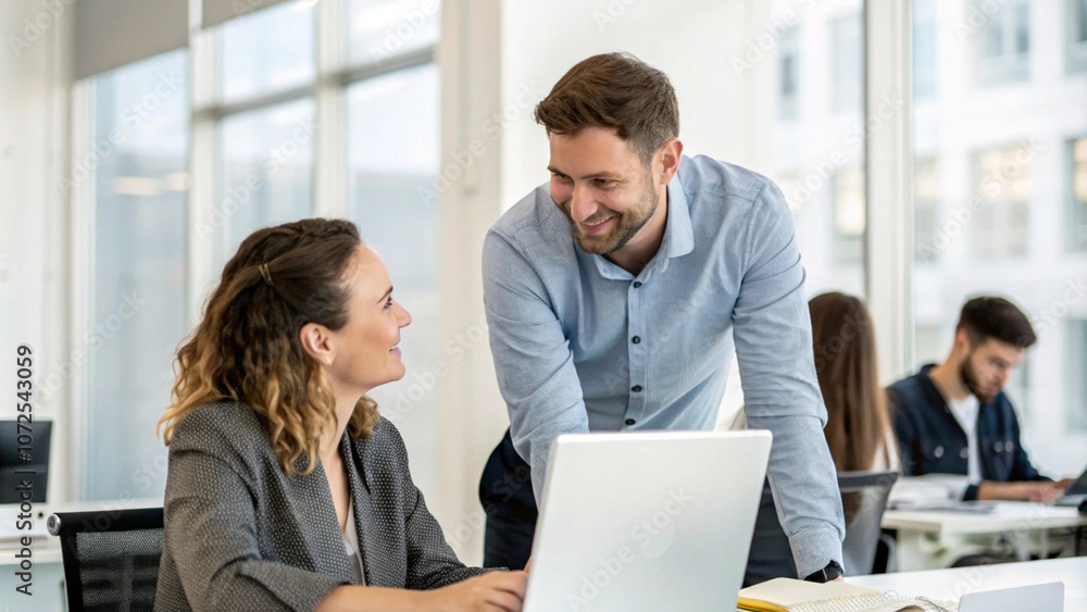 Smiling Businessman Talking To Coworker At Laptop Smiling Businessman Talking To Coworker At Laptop