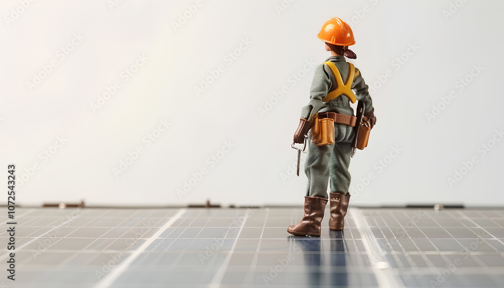Solar farm and a female construction worker wearing a helmet and a tool belt isolated on white background Solar farm and a female construction worker wearing a helmet and a tool belt isolated on white background