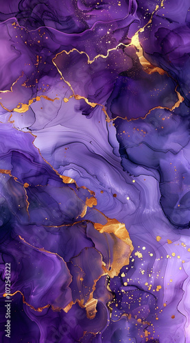This highresolution abstract fluid art background showcases vibrant shades of purple with elegant gold accents. Its ideal for creative projects and adds a touch of luxury and elegance