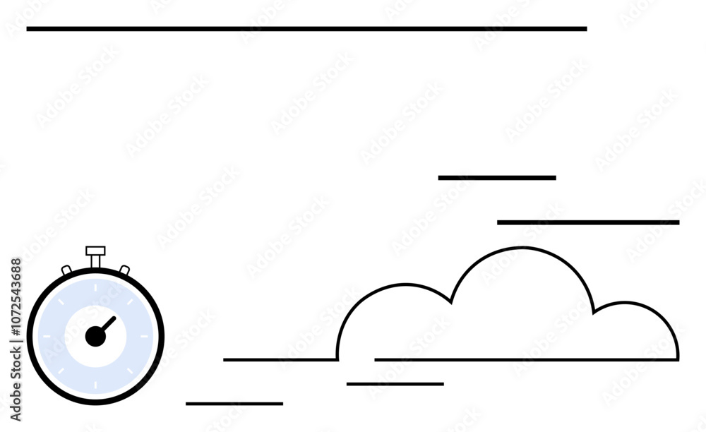 Stopwatch beside cloud with lines indicating movement and speed. Ideal for productivity, deadlines, efficiency, quick thinking, sports events, punctuality, project timing. Line metaphor Stopwatch beside cloud with lines indicating movement and speed. Ideal for productivity, deadlines, efficiency, quick thinking, sports events, punctuality, project timing. Line metaphor