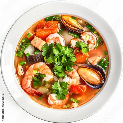 Hot Transparent Soup with Seafood in White Plate Isolated. Sour Spicy Bouillabaisse, Tom Yam, Miso photo