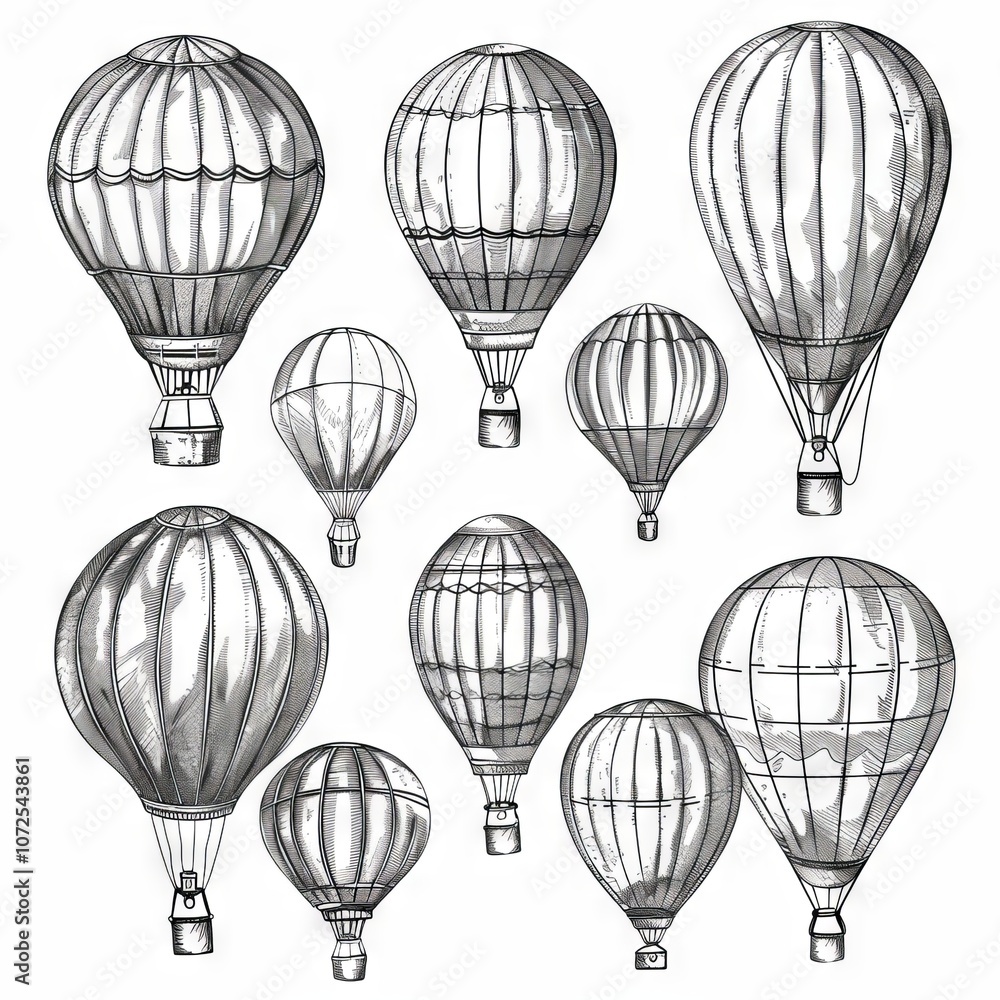 Obraz premium Hot air balloon set, contour drawings for design