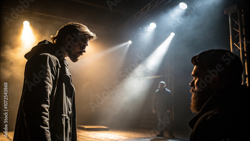 Two Men on Stage in Dramatic Lighting