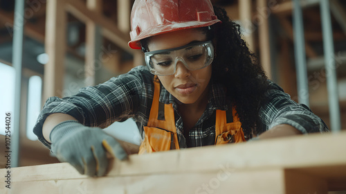 A female construction worker wearing safety glasses and a hard hat measures a piece of wood on a construction site.