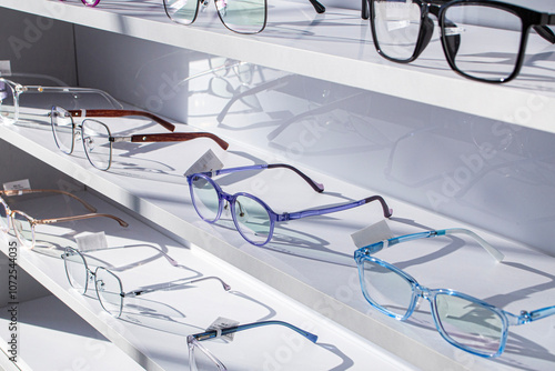 glasses correcting vision with maximum dioptrics for problems of astigmatism and myopia, made to order in a optician's workshop on the shelf of a store selling goods for vision and contact lenses