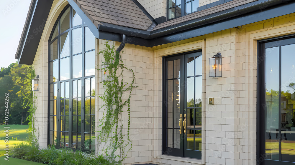 Modern home exterior featuring large black-framed windows, a stylish entrance, and lush greenery, set against a serene outdoor landscape on a sunny day. Modern home exterior featuring large black-framed windows, a stylish entrance, and lush greenery, set against a serene outdoor landscape on a sunny day.