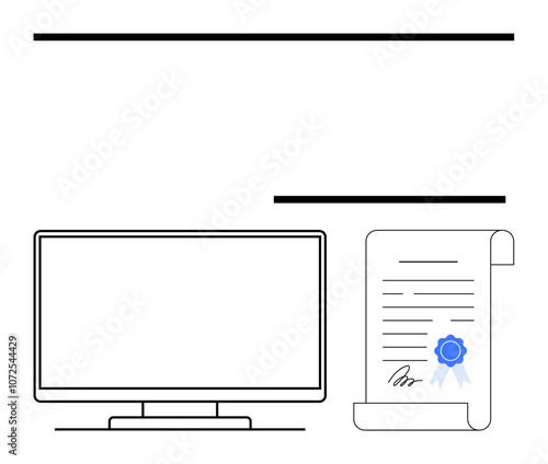 Computer monitor next to a certificate document featuring a blue ribbon. Ideal for remote work, education, certifications, digital learning, official documentation, achievements. Line metaphor