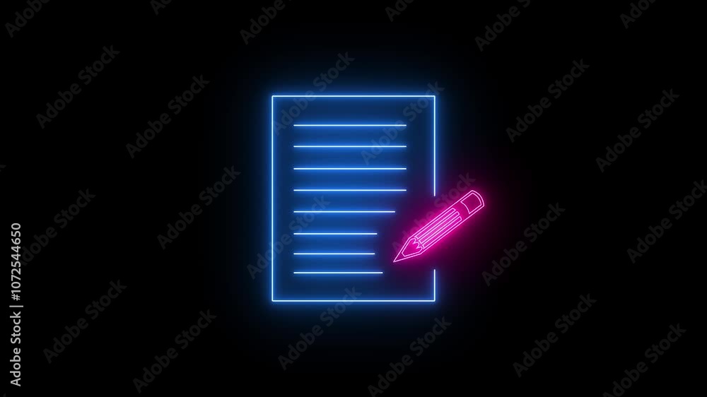 abstract Neon documents check list icon animation with black background. abstract Neon documents check list icon animation with black background.