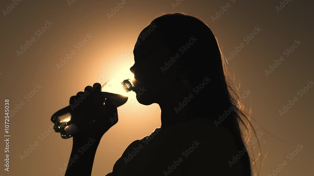 silhouette girl drinking water from bottle glare sun. man quenches thirst sunset. girl wants drink energy drink dawn. sport drinking water. man outdoors drinks water. healthy lifestyle drinking regime silhouette girl drinking water from bottle glare sun. man quenches thirst sunset. girl wants drink energy drink dawn. sport drinking water. man outdoors drinks water. healthy lifestyle drinking regime