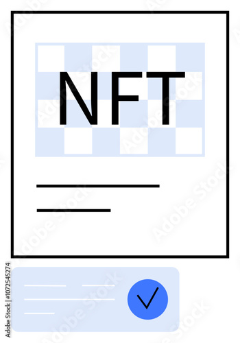 Document titled NFT prominently displayed with checkered background and verification checkmark. Ideal for blockchain, digital art, authentication, cryptocurrency, online transactions, digital