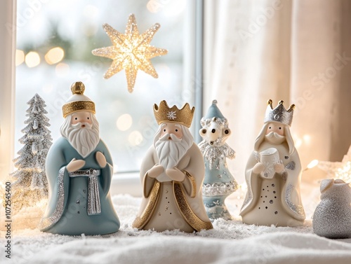 Three Kings figurines with crowns and gifts, symbolizing Epiphany, on a festive holiday background photo