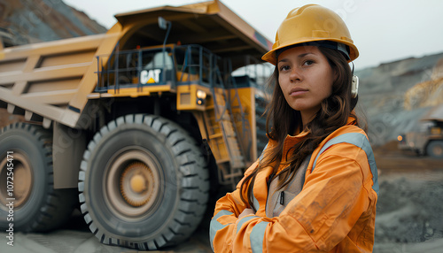 A young woman mine worker is standing in front of a large dump truck or grader. Looking at camera
