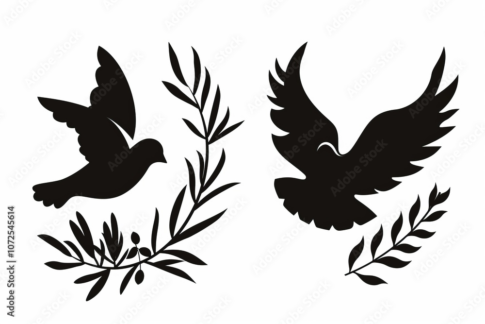 Fototapeta premium Peace dove graffiti, pigeons, twigs ink illustration. Flying birds silhouettes monochrome flat icons