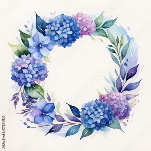 Pastel watercolor hydrangea wreath with gold accents and lush greenery, on a blank white background