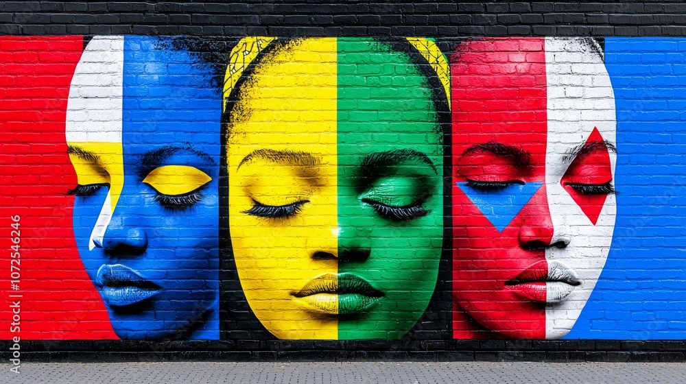 This large mural on a city wall, depicting African and diaspora figures ...