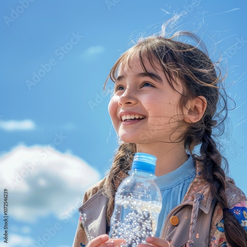 Happy Girl Holds a Bottle, Girl Smiles Happily on Blue Sky Background, Bottle of Water in Hot Day