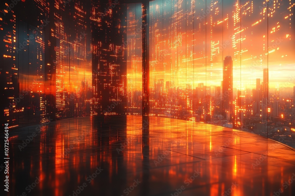 Naklejka premium A futuristic cityscape view at sunset with glowing reflections on glass walls