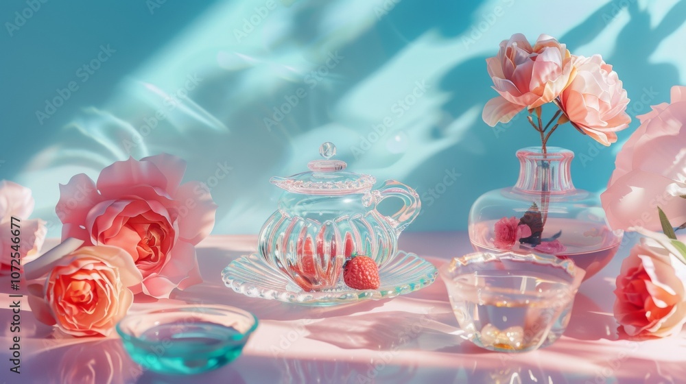 Elegant Tea Set with Roses on Pastel Background Elegant Tea Set with Roses on Pastel Background