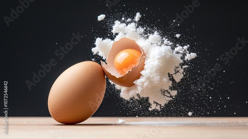 In the event that a raw egg hits a surface and explodes, a cloud of white yolk and shell fragments are left behind. photo