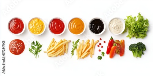 Assortment of Dips, French Fries, and Vegetables on a White Background