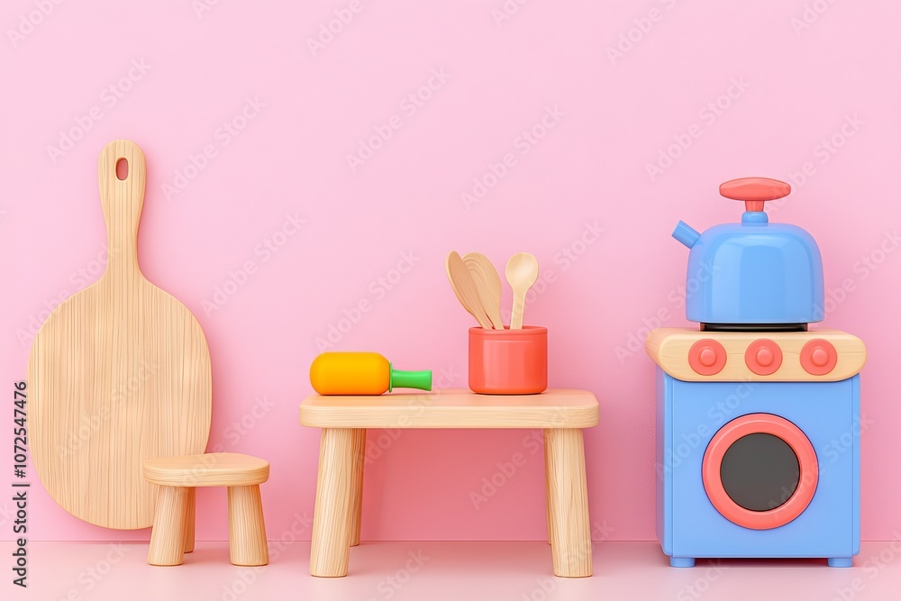 With pink cloud wallpaper, wooden chairs and a toy sink, this children's play kitchen is light and airy With pink cloud wallpaper, wooden chairs and a toy sink, this children's play kitchen is light and airy