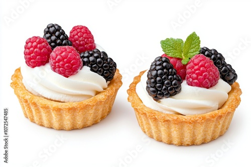 This image consists of a couple of fruit galettes arranged on a wooden kitchen board, isolated on white